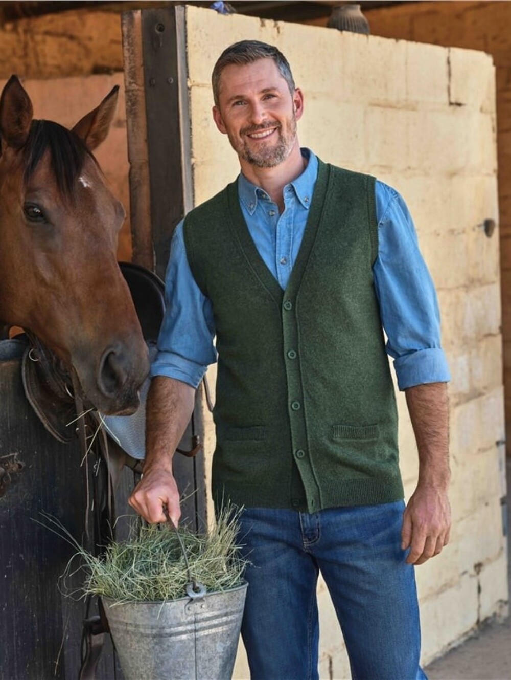 NWT WoolOver Men's Knitted 100% Lambswool Waistcoat In Dark Moss Green